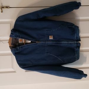 Boy's Carhartt Flannel Lined Denim Hooded Jacket sz lg